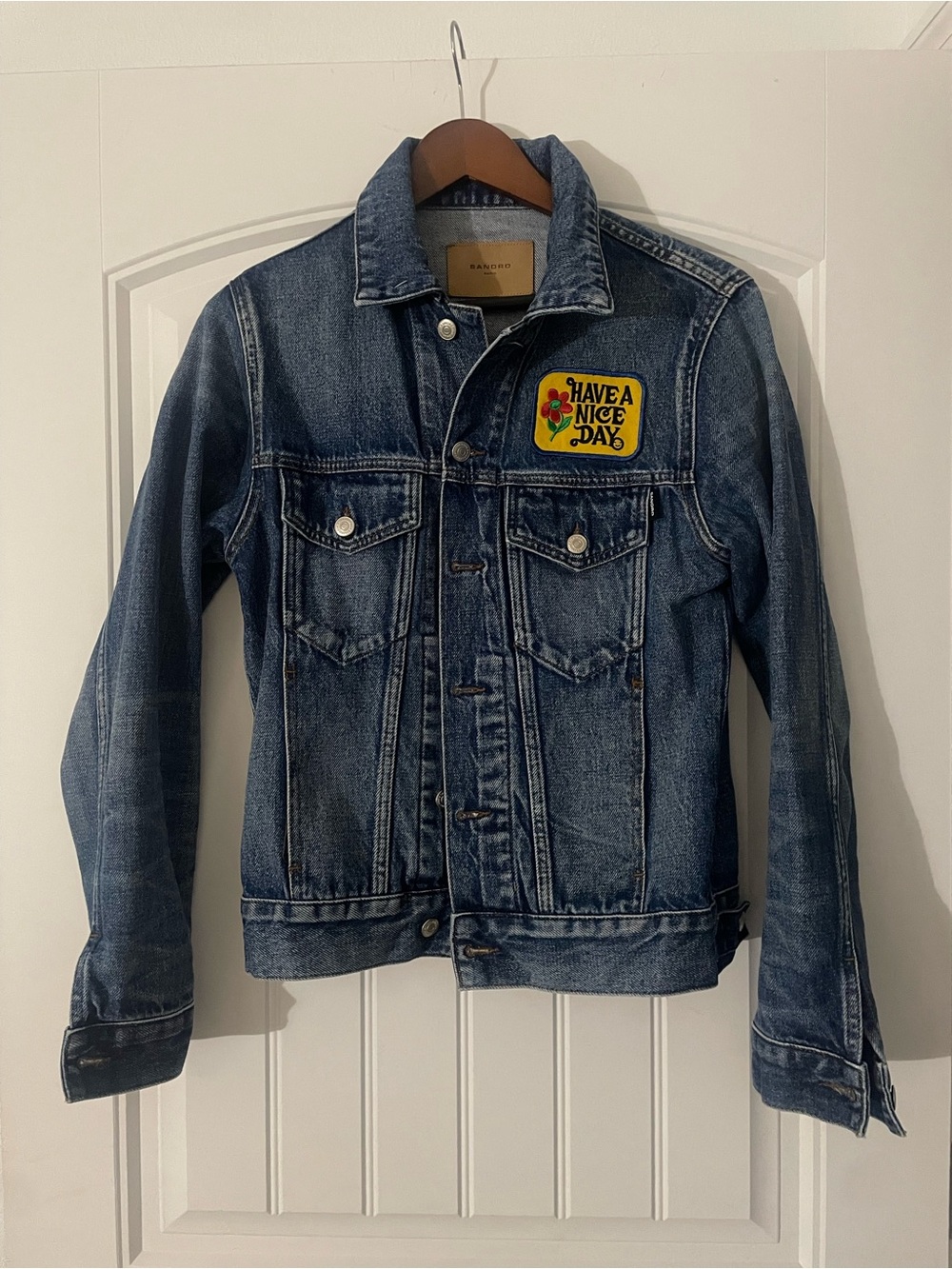 Sandro Blue Denim Trucker Jacket with Yellow 'Have A Nice Day' Patch
